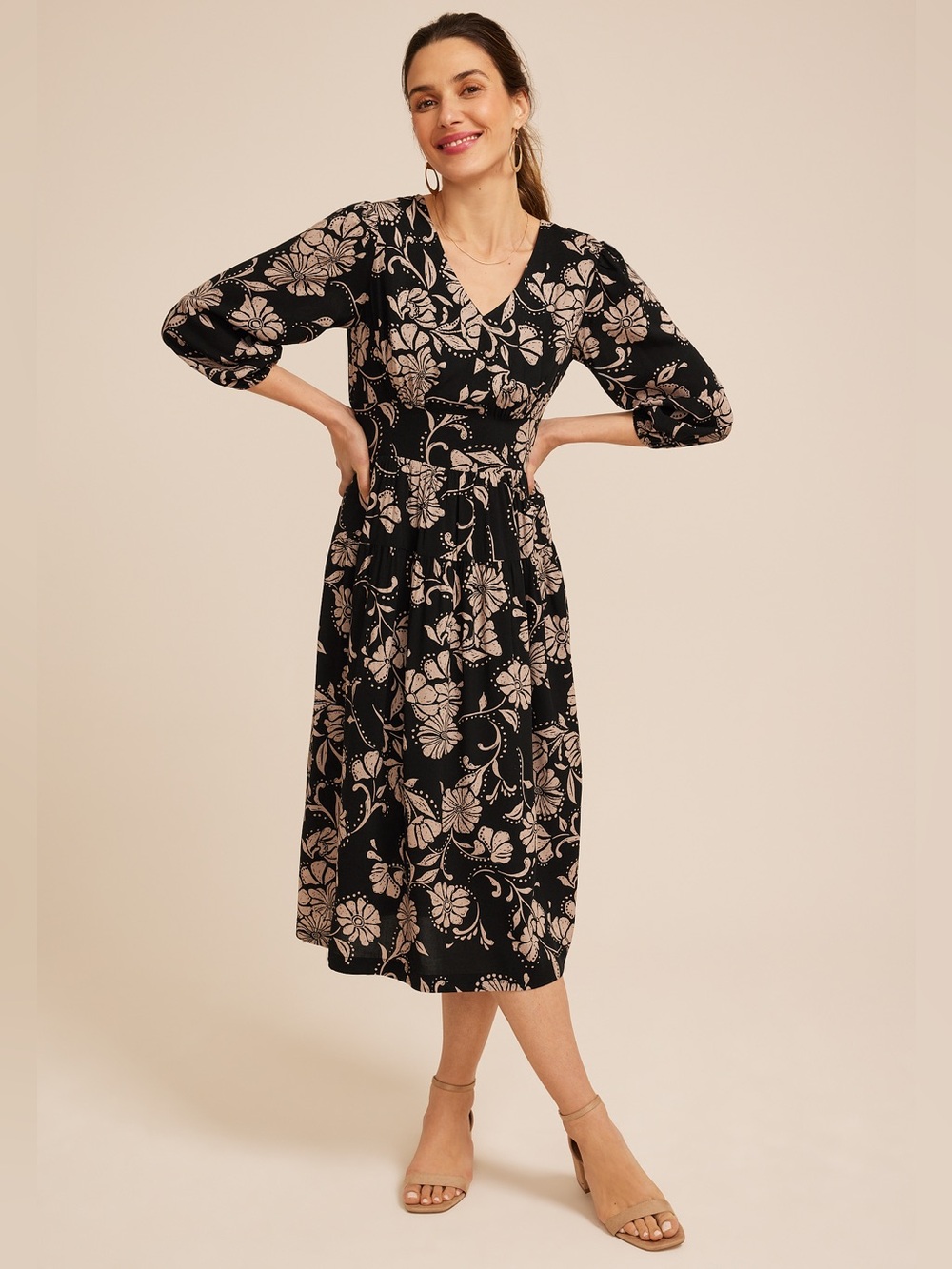 Maurice’s black and tan floral pattern rayon midi dress size XL